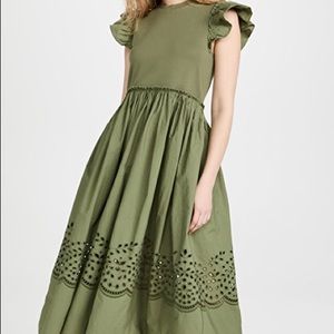 Tanya Taylor Faye Ruffle-sleeve A-line Midi Dress In Moss